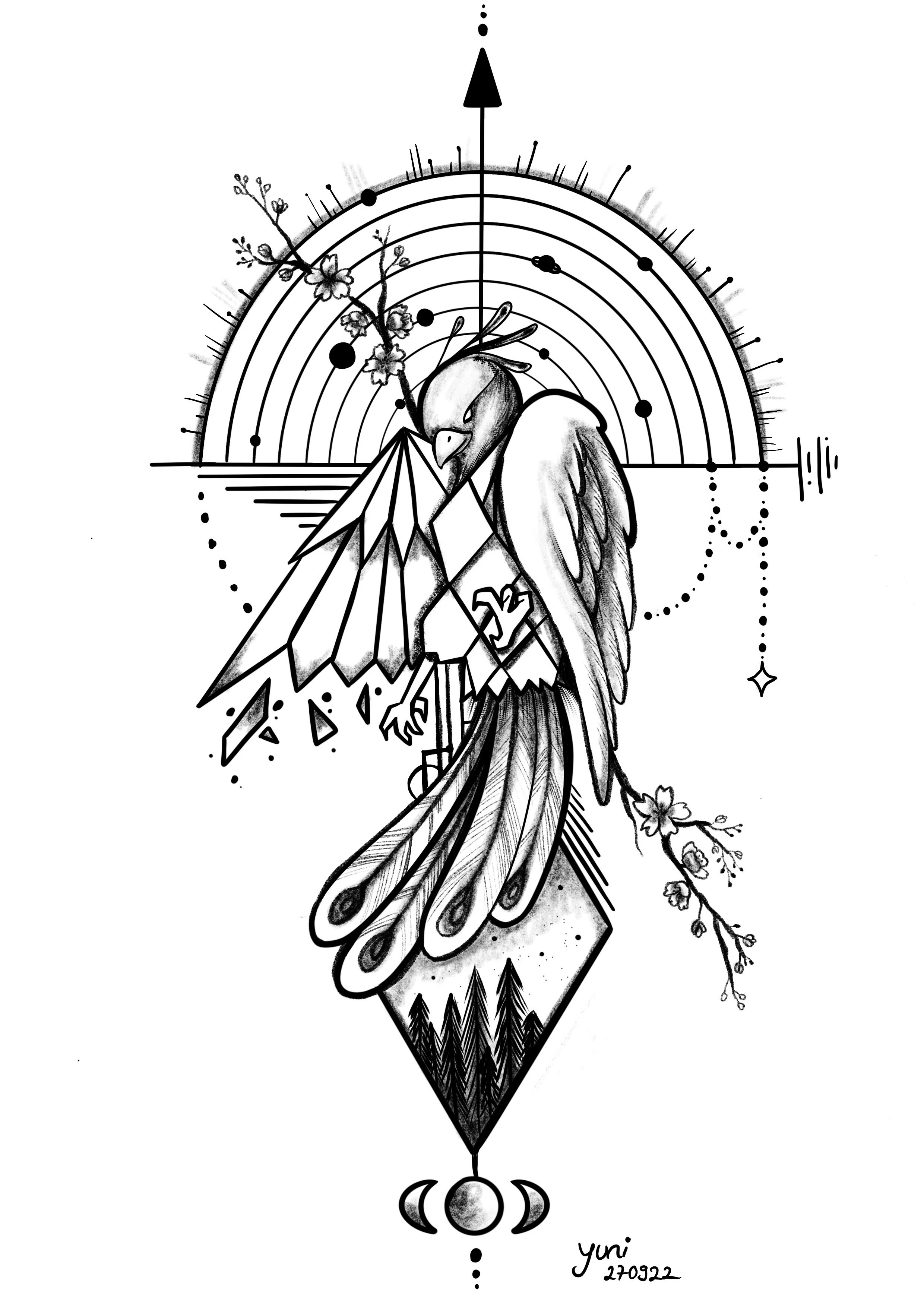 Tattoo Design geometric phoenix planets and forest